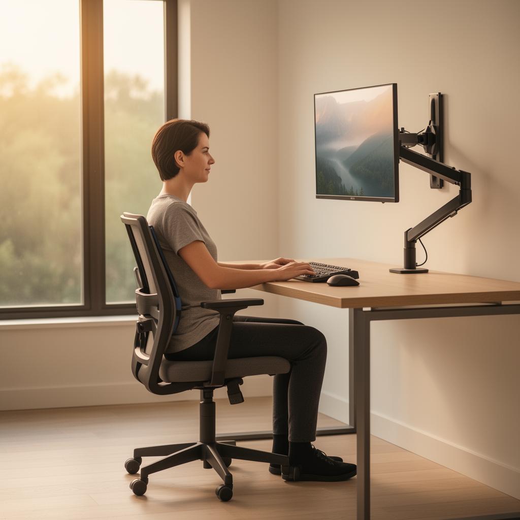 Ergonomic home office setup with monitor at eye level, supportive chair, and good posture — BodyCare Sports Injury Clinic, Newmarket