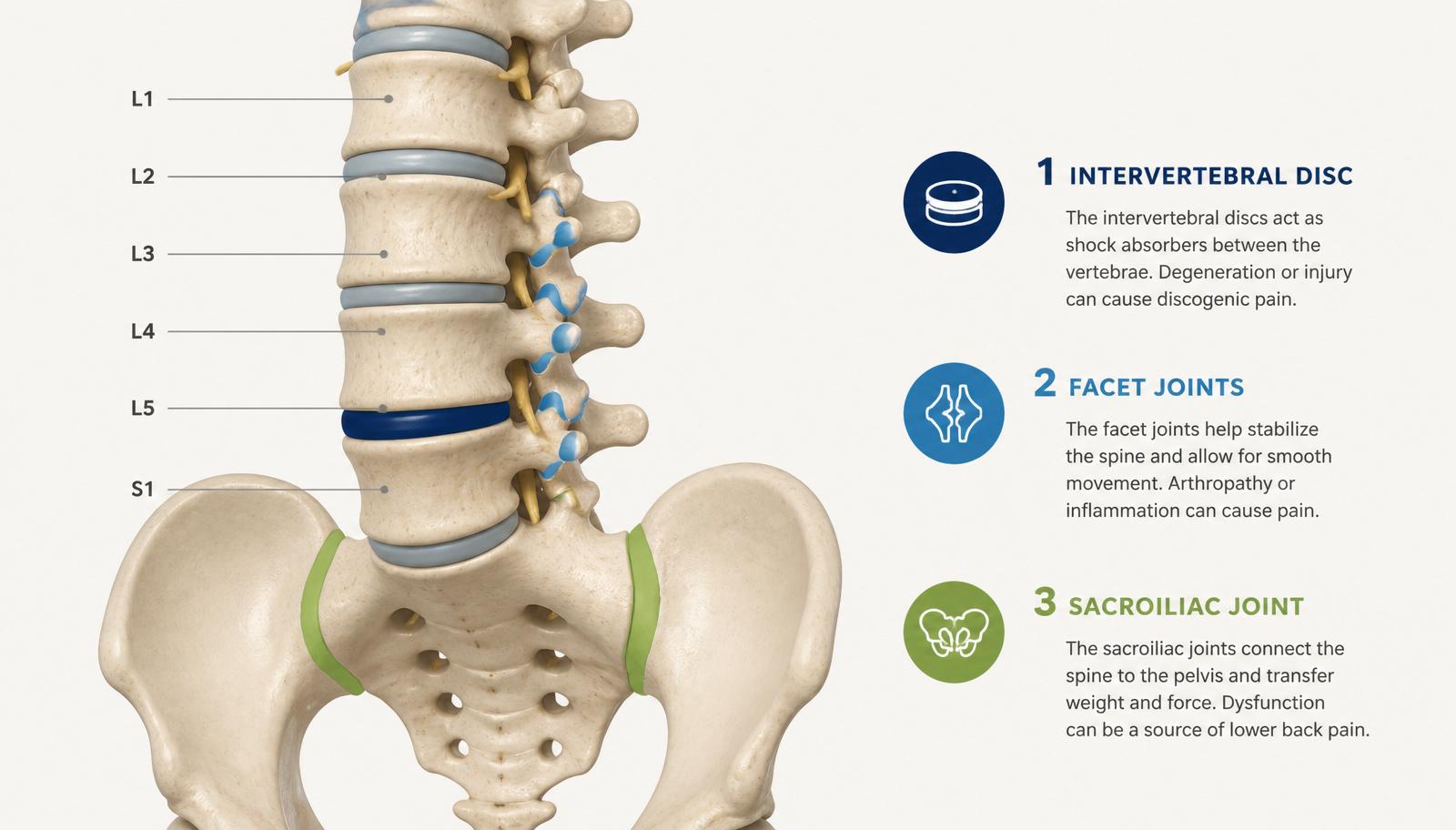 Anatomical illustration of the lower spine showing the disc, facet joints and sacroiliac joint as possible sources of low back pain.