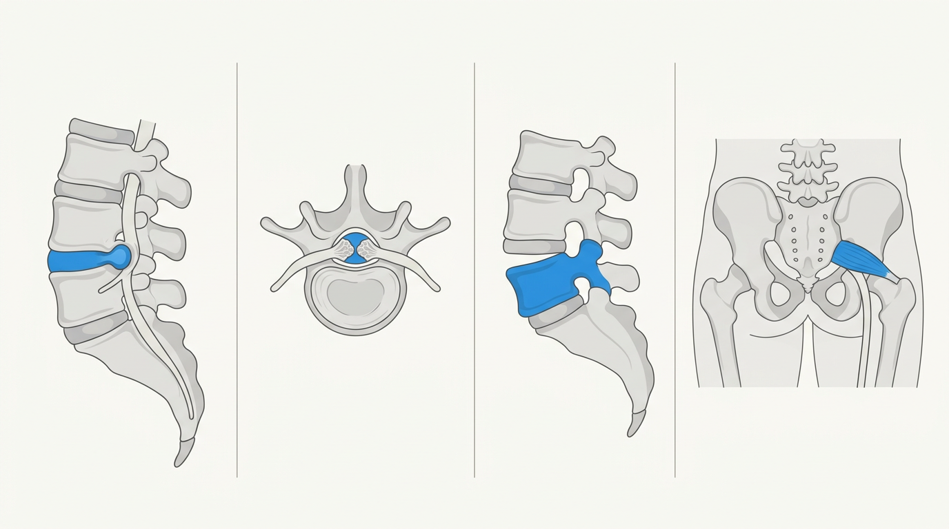 Four common causes of sciatica: disc herniation, spinal stenosis, spondylolisthesis, and piriformis syndrome